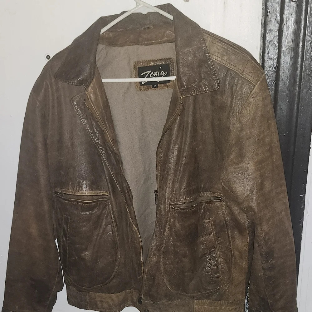 Brown leather bomber coat